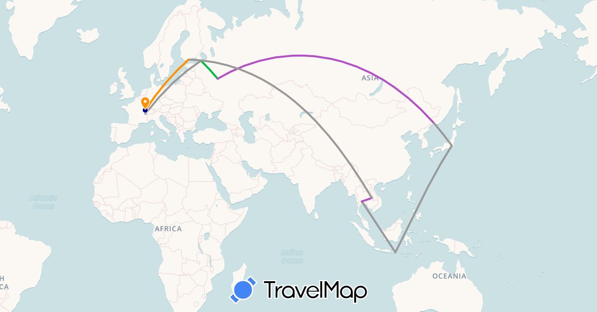 TravelMap itinerary: driving, bus, plane, train, hitchhiking in Switzerland, Finland, France, Indonesia, Japan, Russia, Thailand (Asia, Europe)